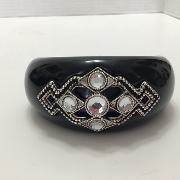 VTG Rhinestone jewelled black resin domed cuff & VTG suede Floral Bracelet - Picture 3 of 14